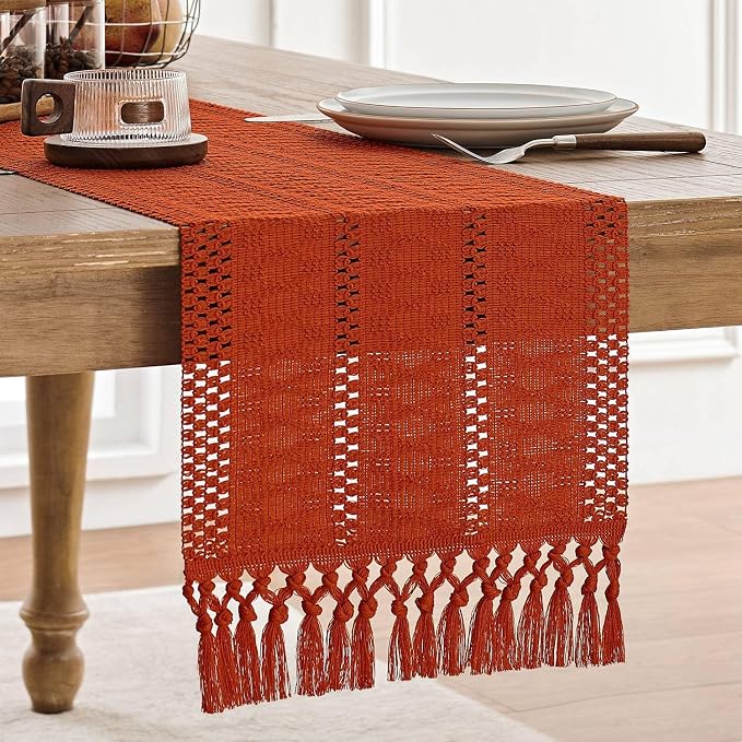 Macrame Style Boho Table Runner, 12x90 Inch Dark Orange | Woven Boho Table