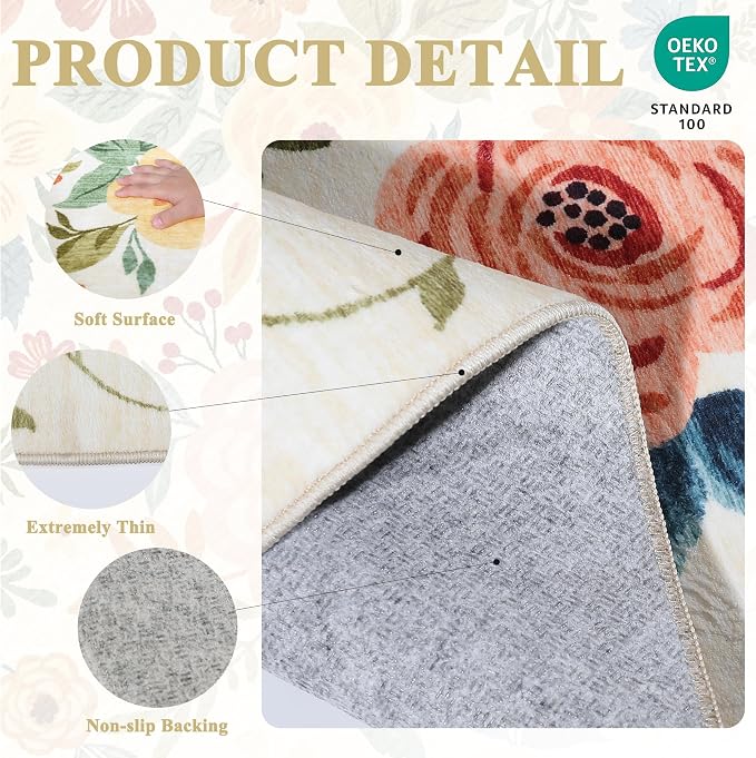DUKINO 4x6 Area Rug, Lightweight Non Slip Washable Floral Rug, Indoor Low Pile