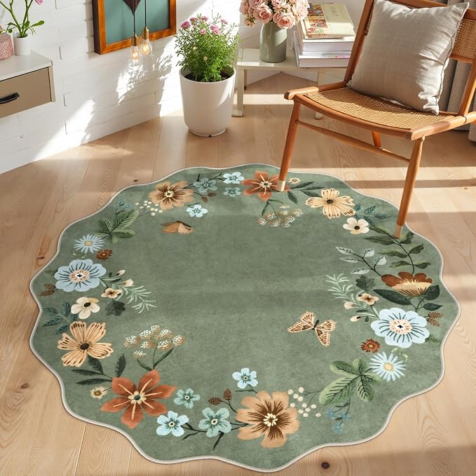 Lahome Floral Round Area Rugs, Washable Small Round Rug 3ft Non-Slip, Soft Boho