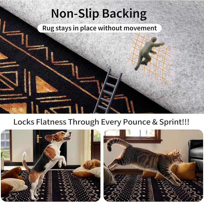 SERISSA 2x5 Kitchen Runner Rug, Washable Non-Slip Black and Gold Boho Rug