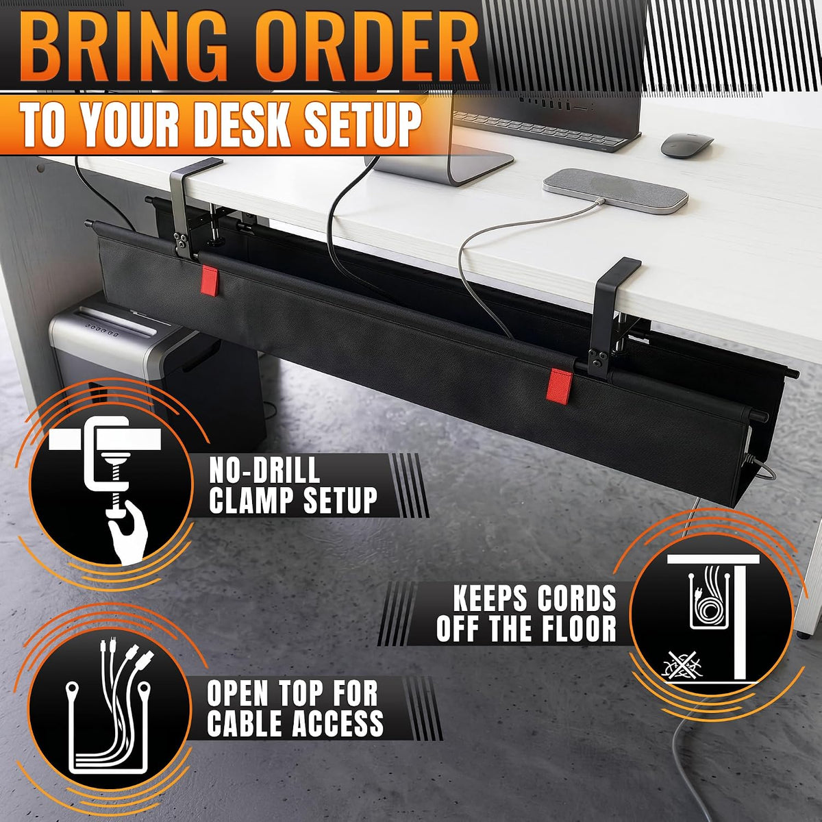 Under Desk Cable Management Tray 48" — No Drill Clamp-On Cord Organizer for Desk with Built-in Ties, Heavy Duty Metal Clamp, Foldable 600D Oxford Fabric for Home Office, WFH & Gaming PC Setup (Black)