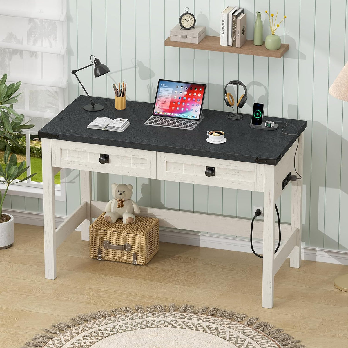 39 Inch Farmhouse Small Computer Desk with Drawers for Bedroom, Home Office