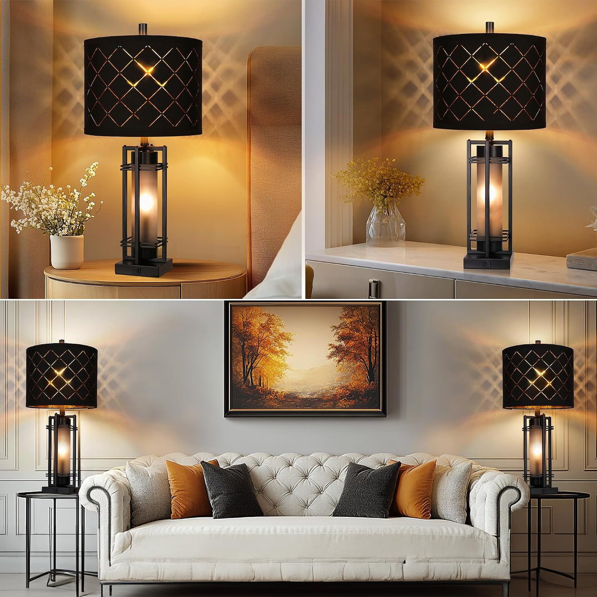 WIHTU 27'' Modern Table Lamp Set of 2 with Nightlight, Metal Bedside Lamps
