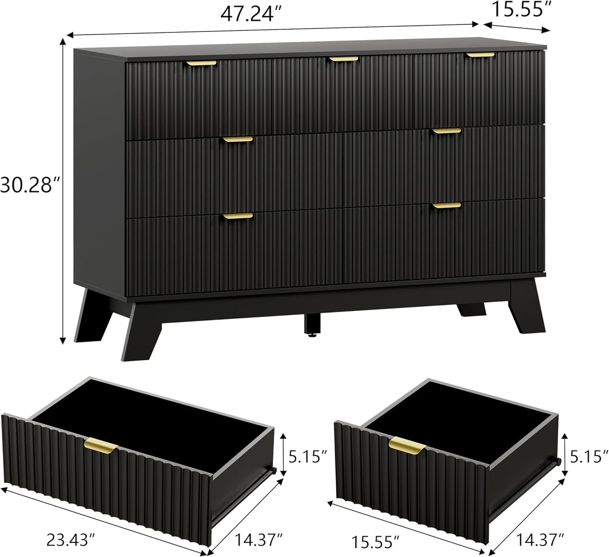 Wodeer 7 Drawer Fluted Dresser for Bedroom, Mid Century Modern Dresser with 7 Drawers, Dressers & Chests of Drawers with Metal Handle, TV Stand & Storage Organizer for Entryway, Hallway, Black
