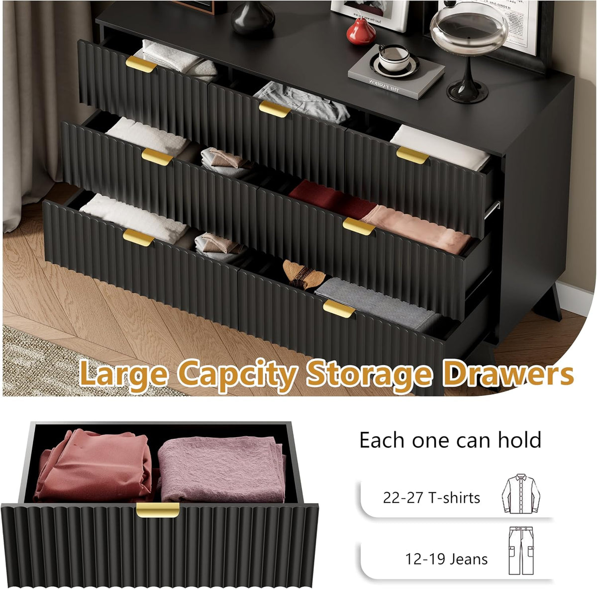 Wodeer 7 Drawer Fluted Dresser for Bedroom, Mid Century Modern Dresser with 7 Drawers, Dressers & Chests of Drawers with Metal Handle, TV Stand & Storage Organizer for Entryway, Hallway, Black