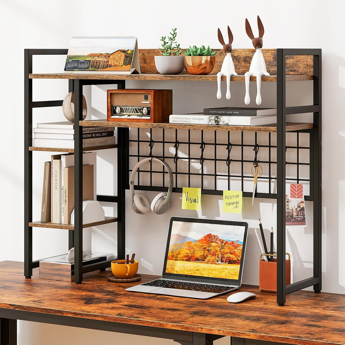 GOFLAME Desktop Bookshelf, 37 Inch Desk Shelf for Computer Monitor, 4-Tier Desk Hutch with Grid Panel 6 Hooks Set, Industrial Countertop Storage Organizer Shelf for Home Office, Dorm (Rustic Brown)