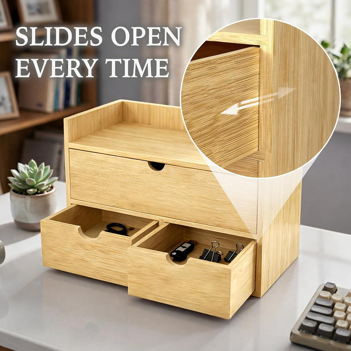 Bamboo Desk Organizer with 3 Drawers, Wood Storage Box for Office Supplies
