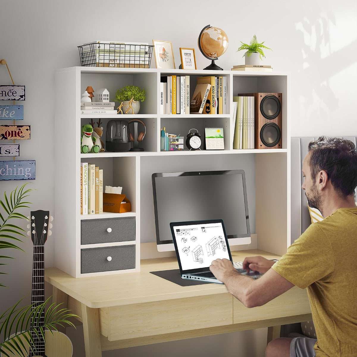 REIBII Desktop Bookshelf, 8 Shelves Desk Hutch for Dorm Room, White