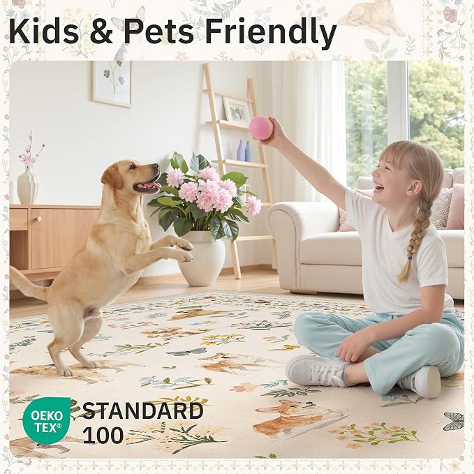 Soalmost Dog 8x10 Area Rugs for Living Room, Machine Washable Animal Floral