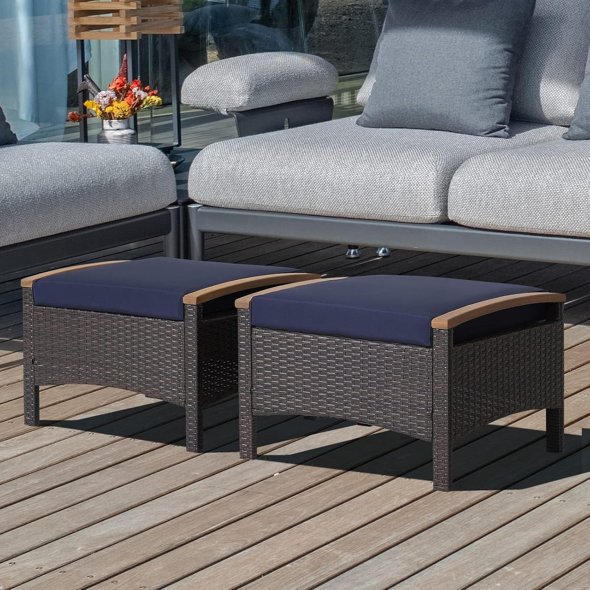 HAPPYGRILL Outdoor Patio Ottoman Set, PE Rattan Wicker Ottomans
