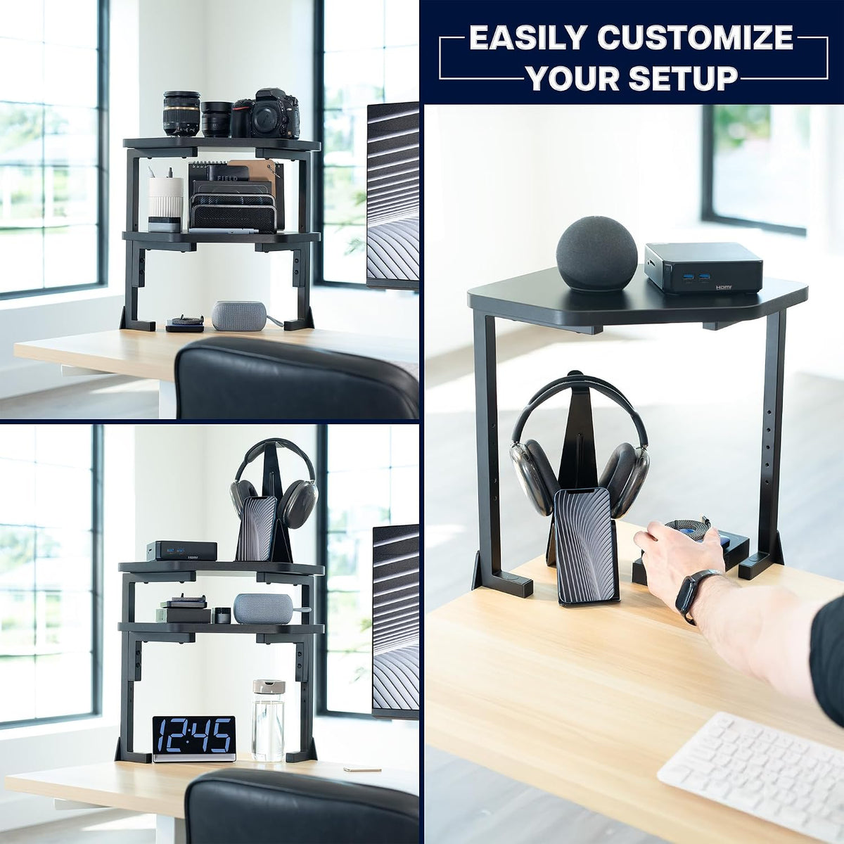 VIVO Black Corner Clamp-on 17 in 2-Tier Desk Shelf, STAND-SHELF2CR