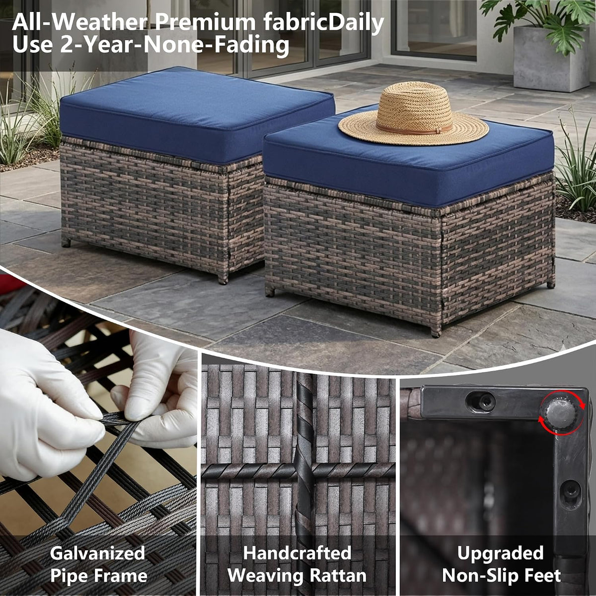 2 Piece Patio Sofa Ottomans with 4.3" Thick Cushions, Wicker Outdoor Couch Extension Set, All-Weather Rattan Seating Accessory for Backyard Furniture,（Blue）