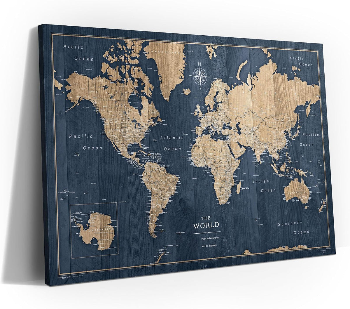 Conquest Maps World Travel Map with Pins Deep-Sea Drift Style Push Pin Travel Map Cork Board, Track Your Travels w/a Handmade Unique Canvas Pinable Map (24" x 16")