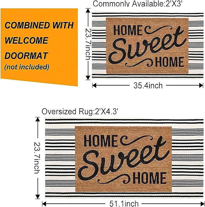 Black and White Striped Outdoor Rug 24'' x 51''Farmhouse Front Porch Rug