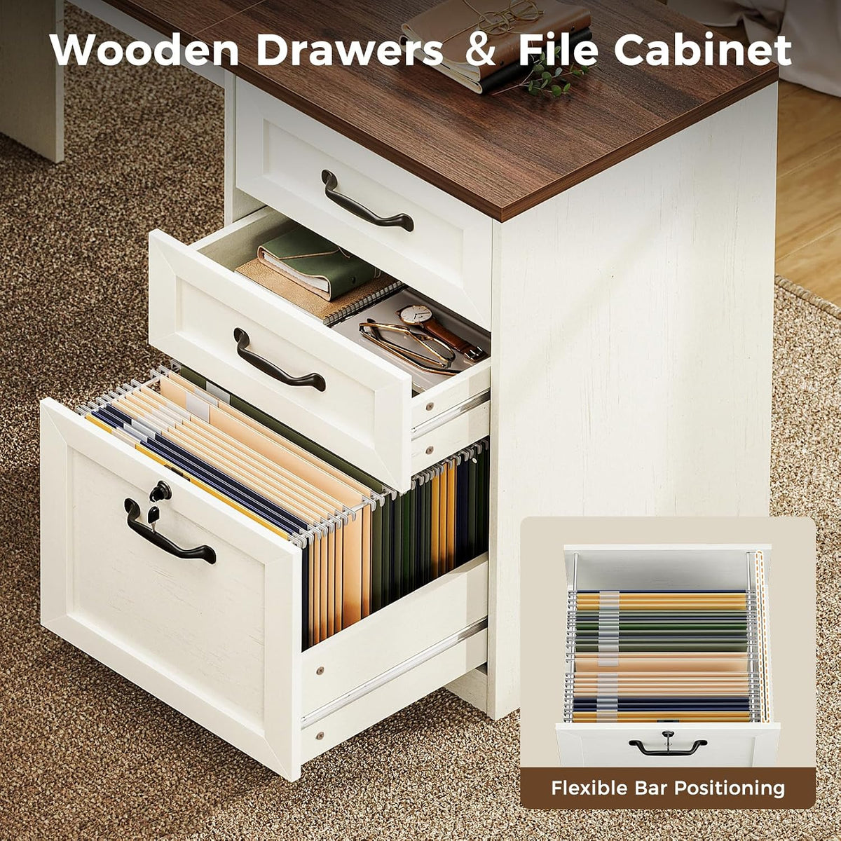 OffiGo Farmhouse 68 Inch L Shaped Executive Desk with Drawers, Walnut+White