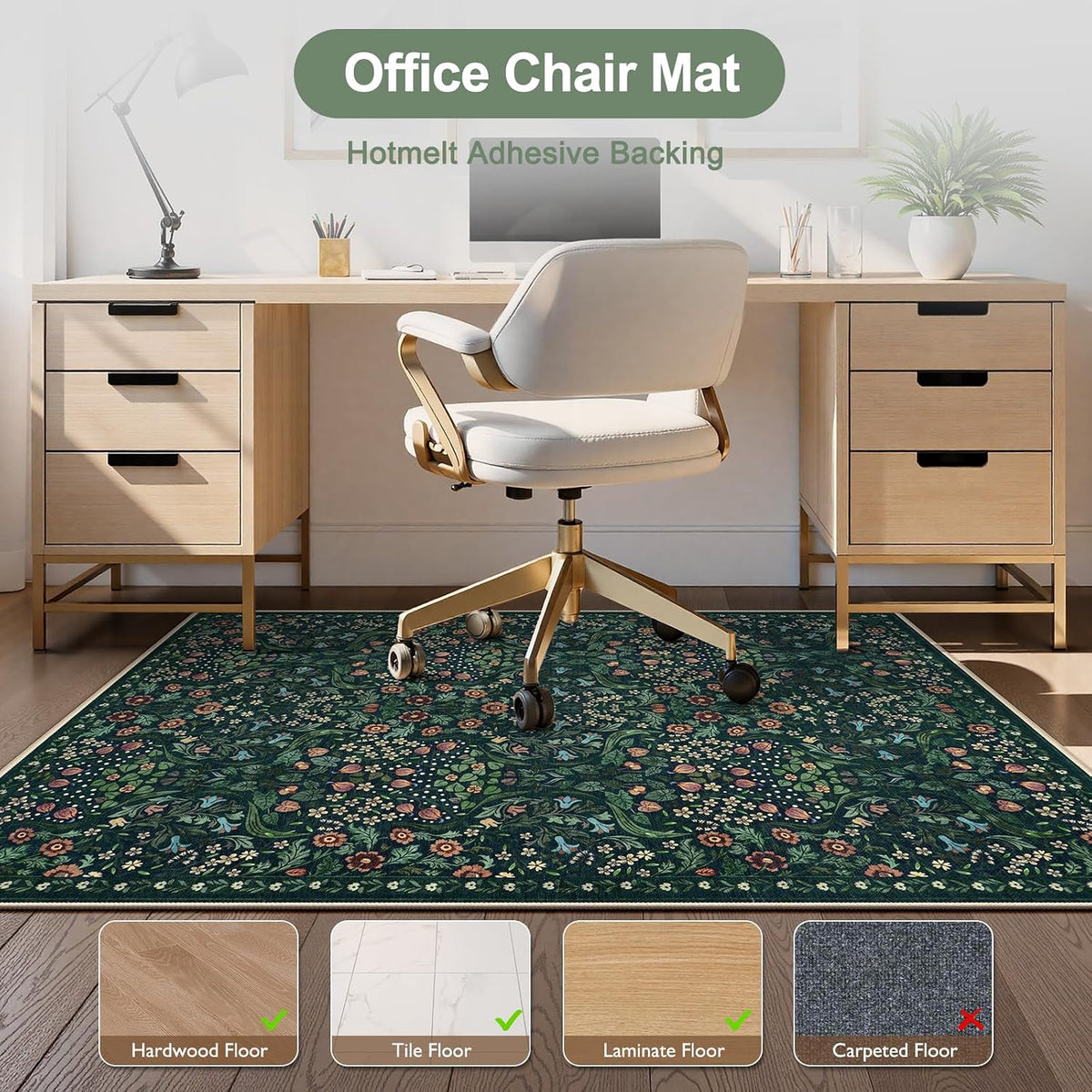 Anidaroel Floral Office Chair Mat for Hardwood Floor, 36"x48" Desk Chair Mat for Hard Floors, Under Desk Rug for Rolling Chair, Anti-Slip Computer Chair Mat, Low Pile Carpet Protector Mat