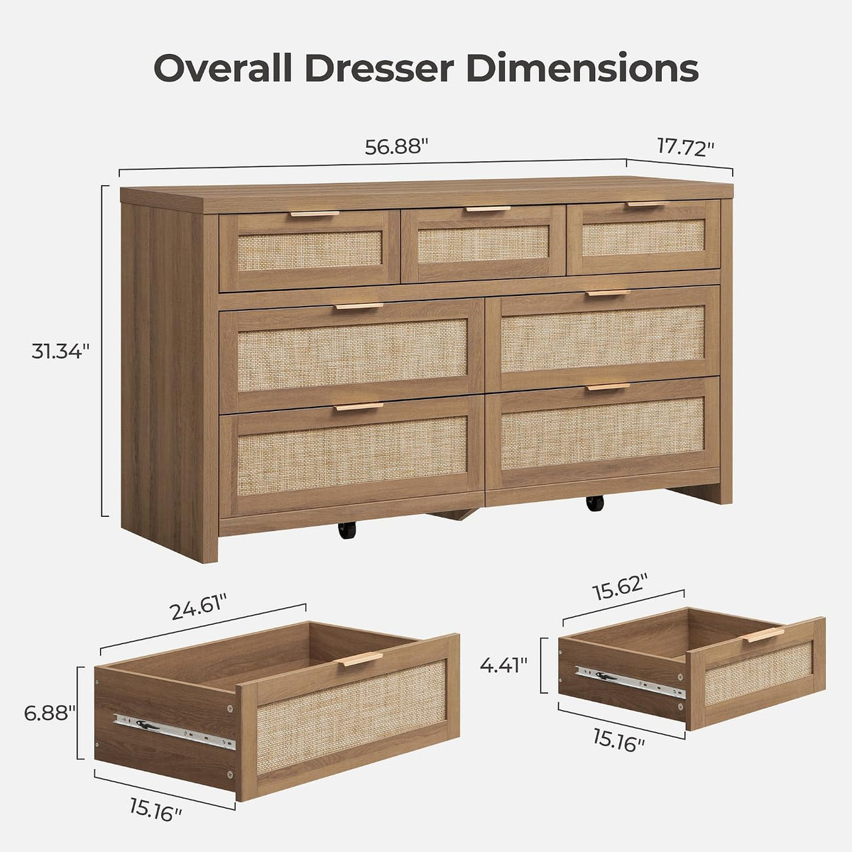 SICOTAS 7 Drawer Rattan Dresser for Bedroom, 57" Wide Dresser