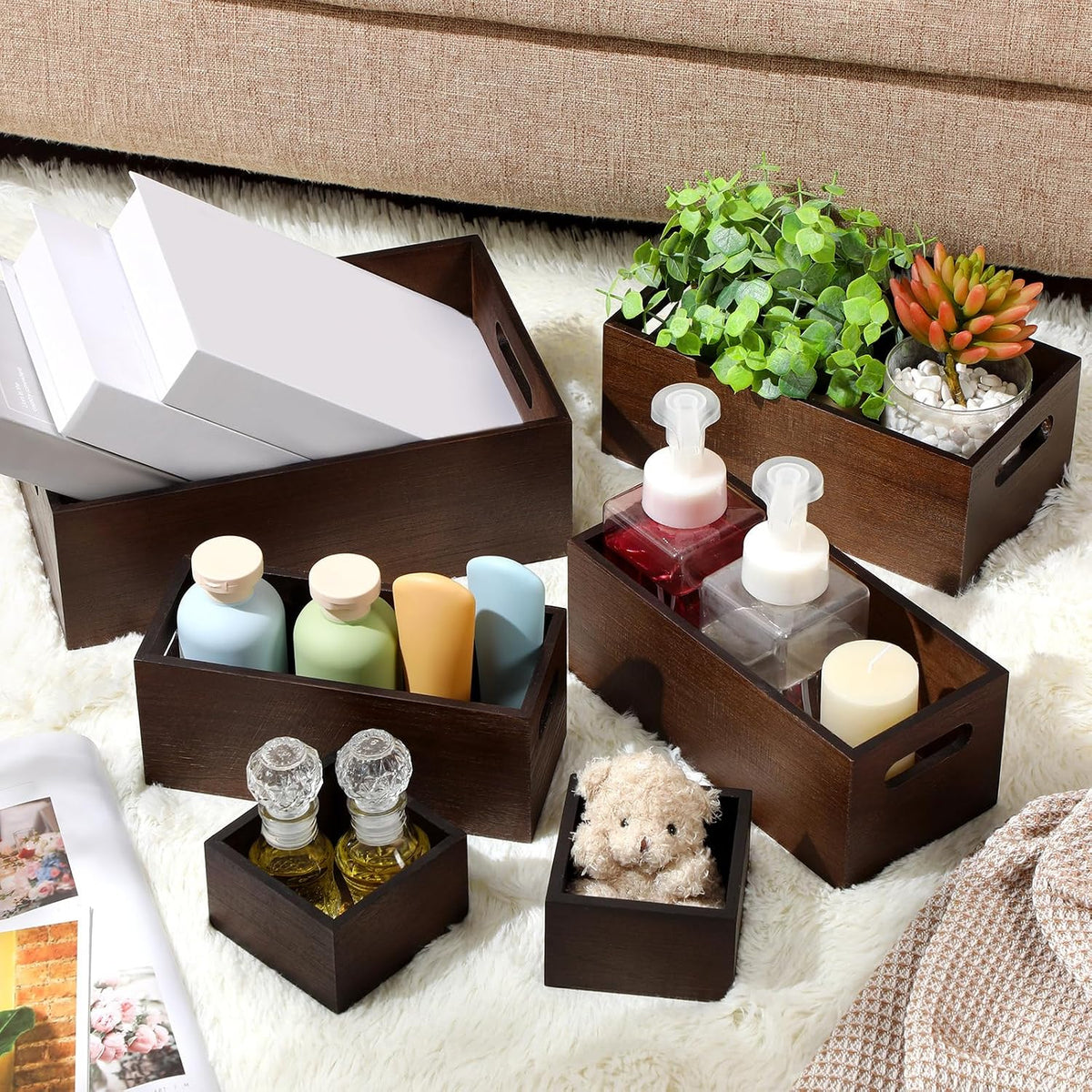 Set of 6 Wooden Storage Boxes with Handles Nesting Farmhouse, Brown
