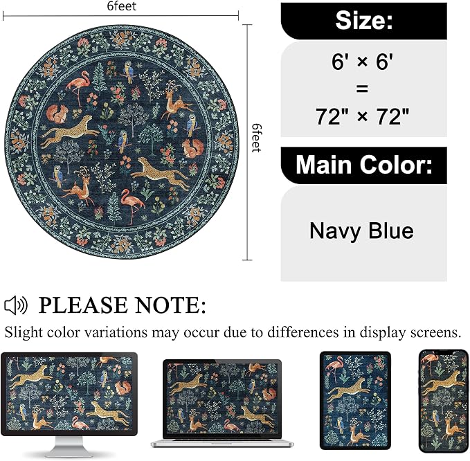 DUKINO 6ft Round Rug for Bedroom, Animal Print Washable Circle Rug