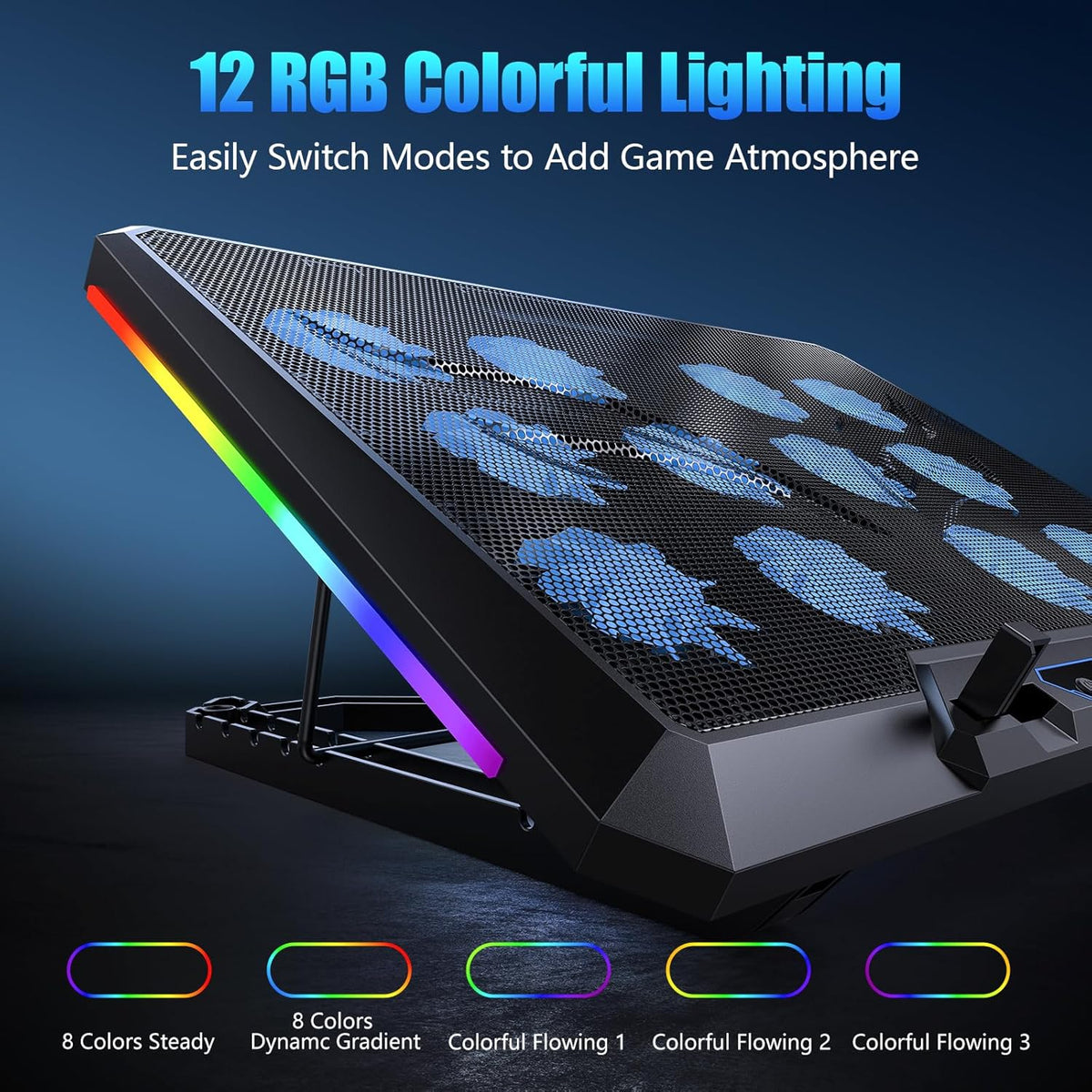 Laptop Cooling Pad with 12 Quiet Fans, Slim Portable for 12-17.3 Inch Laptop Cooler Stand, RGB Lighting, with 5 Height Adjustable, Gaming Cooling Fan Pad,Two USB Ports, Phone Holder (LCD)