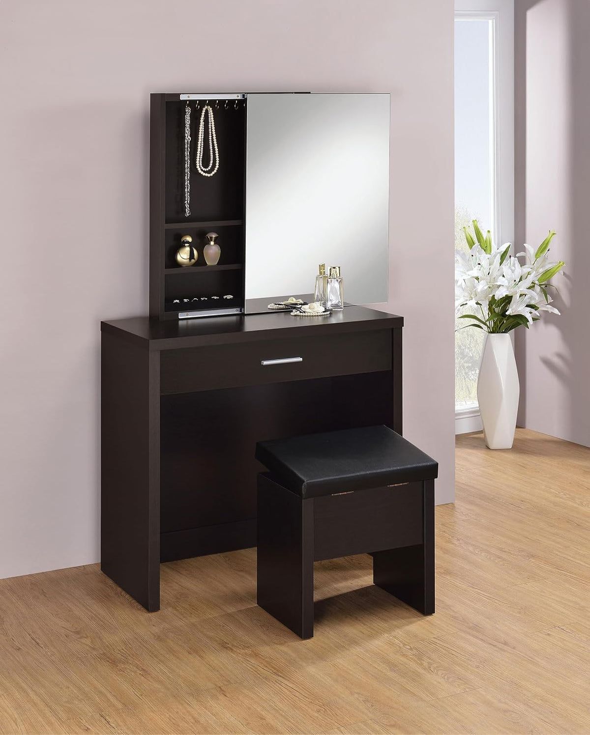 Coaster Home Furnishings Harvey Contemporary 3-Piece Vanity Desk Makeup Table Set with Storage Mirror and Vanity Stool Cappuccino 300289