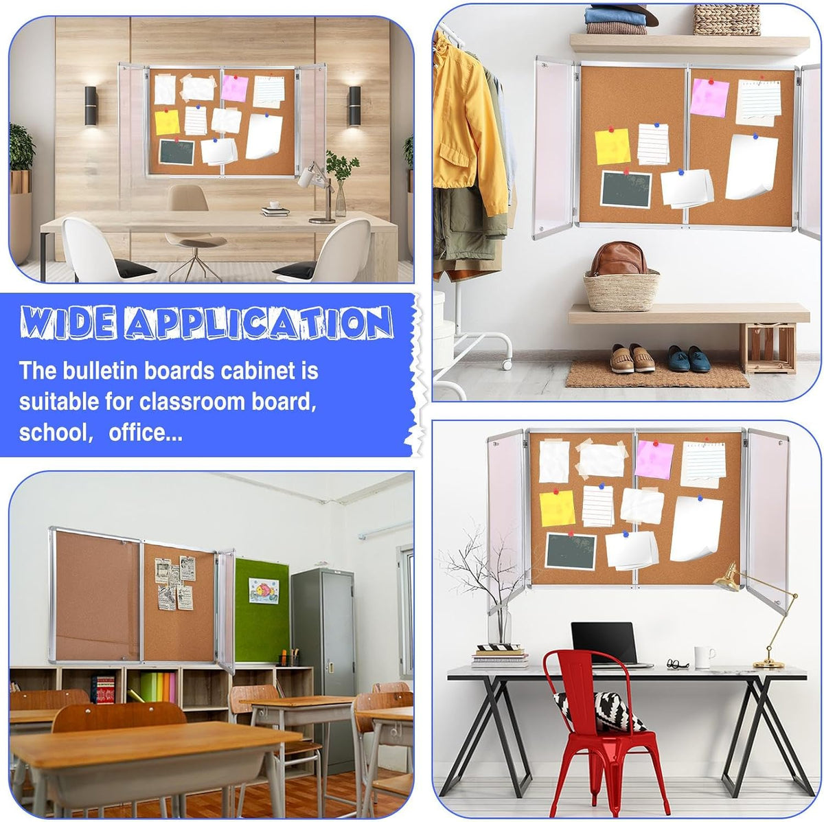 Motipuns 36" x 24" Enclosed Bulletin Board Weatherproof Lockable Outdoor Cork Case Display Board Wall Mounted 2 Locking Door Aluminum Frame for Office, School, Commercial, Hospital, Wood