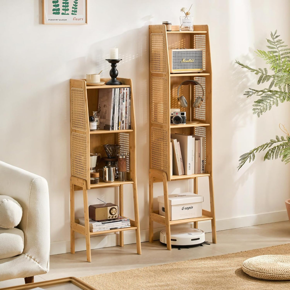 Welnow Bamboo Rattan Bookcase with Cabinet，4-Tier Wicker Bookshelf,Natural
