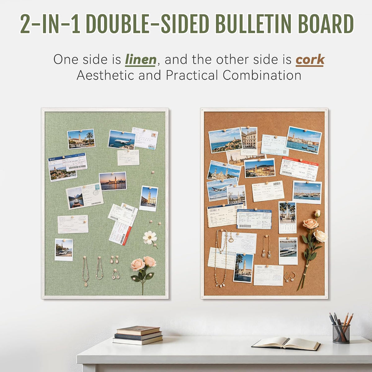 SELEAD Double-Sided Linen and Cork Bulletin Board (36"x24", Green)