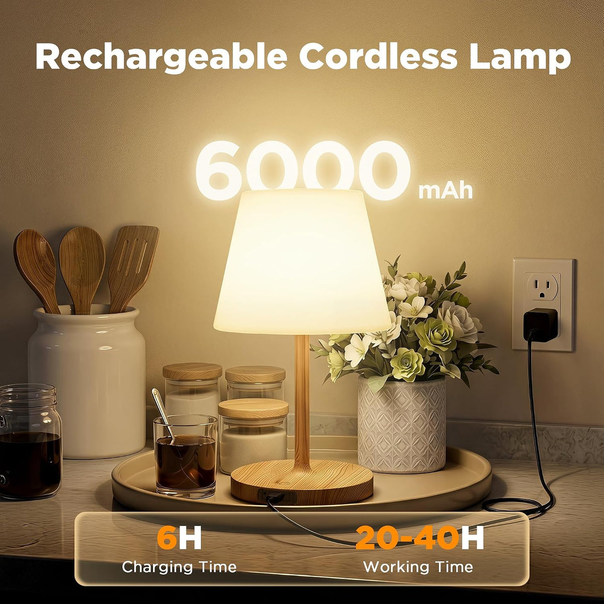 LUTEC 2 Pack Shower Lamp Waterproof, 6000mAh Rechargeable Cordless Table Lamp with 3 Color Temps and Stepless Dimming, Touch Control & Portable LED Nightlight for Bathroom, Desk, Outdoor(Wood Grain)