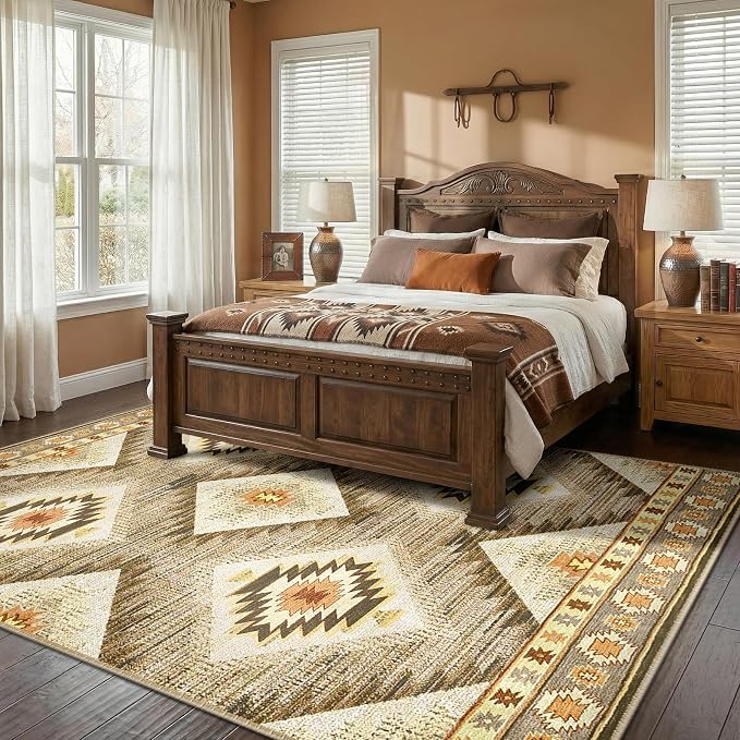 Area Rug 8x10 Rug Machine Washable Non-Slip Low Pile Print Pattern Western Rug