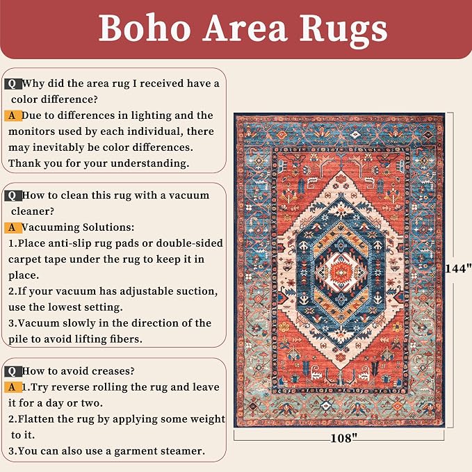 SERISSA Washable Rugs 9x12 Area Rugs, Large Non-Slip Boho Living Room Rust Rug