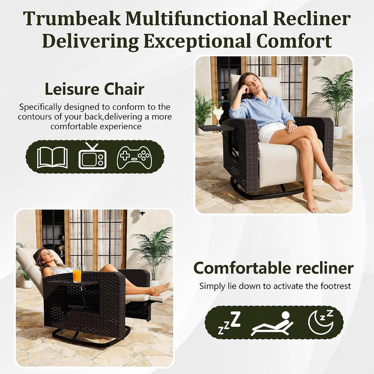 Outdoor Swivel Recliner Chair,Dual-Adjust Outdoor Patio Chair with Adjustable Backrest and Footrest,Wicker Patio Chair with Flip-Up Table for Living Rooms,Pools,Balconies,patios,courtyards