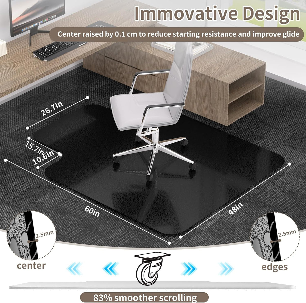 Office Chair Mat for Low Pile Carpet, 48"x60" Smooth Glide with Lip