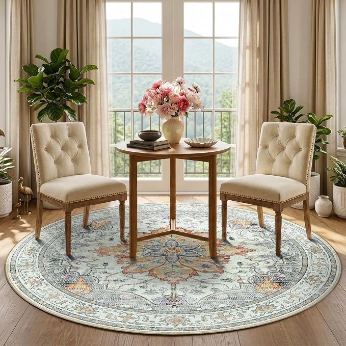 RELEANY Area Rugs Round 5ft Washable Non-Slip, Floral Vintage Distress