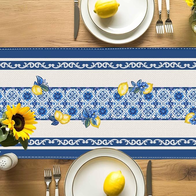 Summer Amalfi Coast Lemon Floral Table Runner Flowers Burlap Table Runners