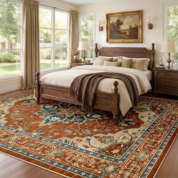 RELEANY Area Rugs Large 9'x12' Washable Non-Slip, Floral Vintage Distress