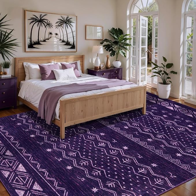 SERISSA 6x9 Area Rugs for Living Room, Washable Non-Slip Purple and White Boho