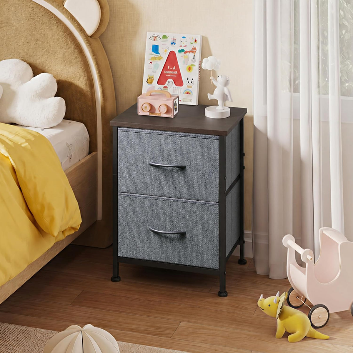WLIVE Nightstand, 2 Drawer Dresser for Bedroom, Small Dresser with 2 Drawers, Bedside Furniture, Night Stand, End Table with Fabric Bins for Bedroom, Closet, Entryway, College Dorm, Dark Grey