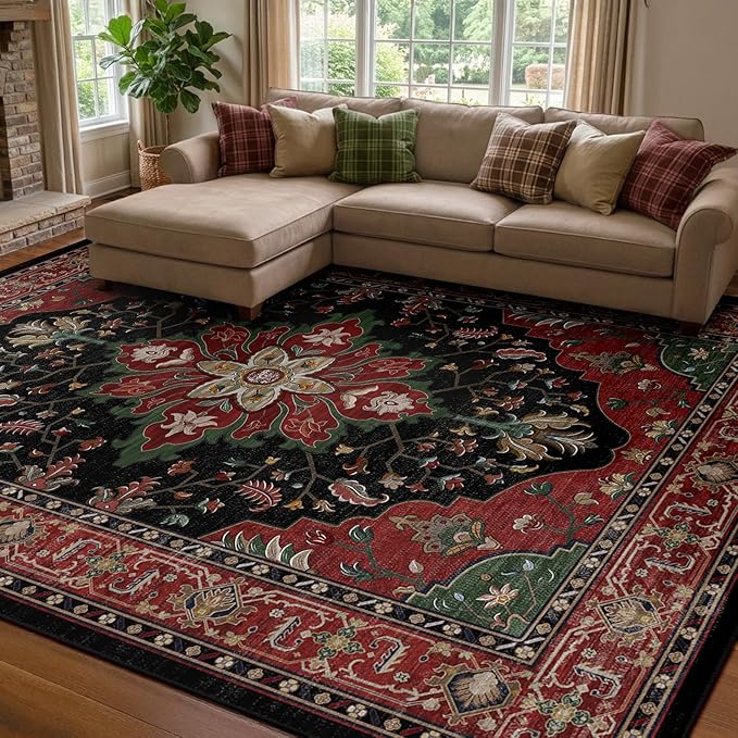 RELEANY Area Rugs 7'x9' Washable Non-Slip, Floral Vintage Distress Medallion