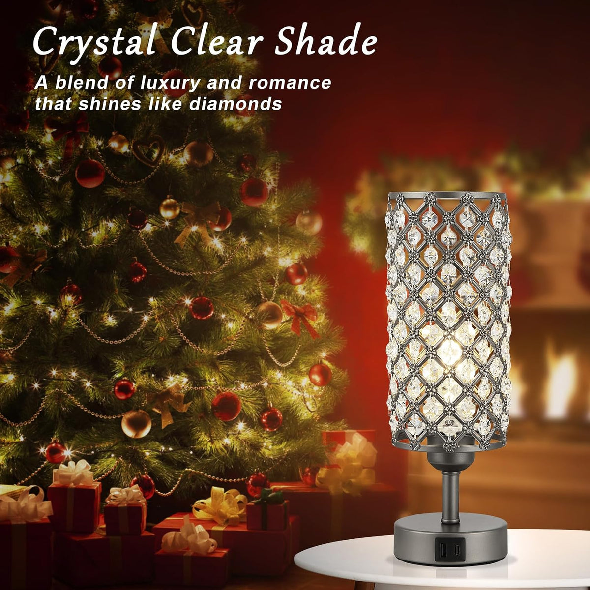 Gray Crystal Bedside Lamp, Nightstand Lamp for Bedroom (Bulb included)