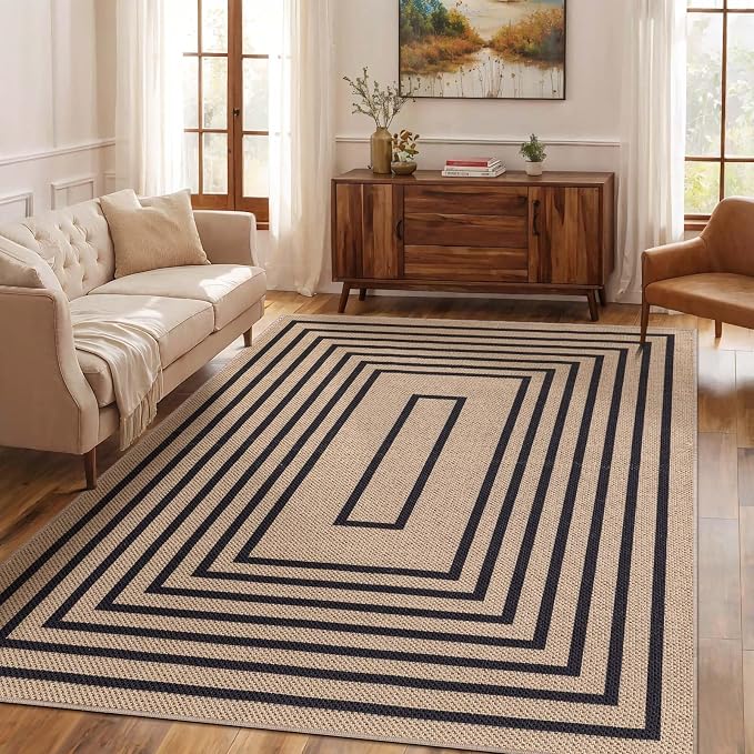Tangsoo Easy Jute 3x5 Area Rug for Living Room, Non-Slip Black Thin Indoor