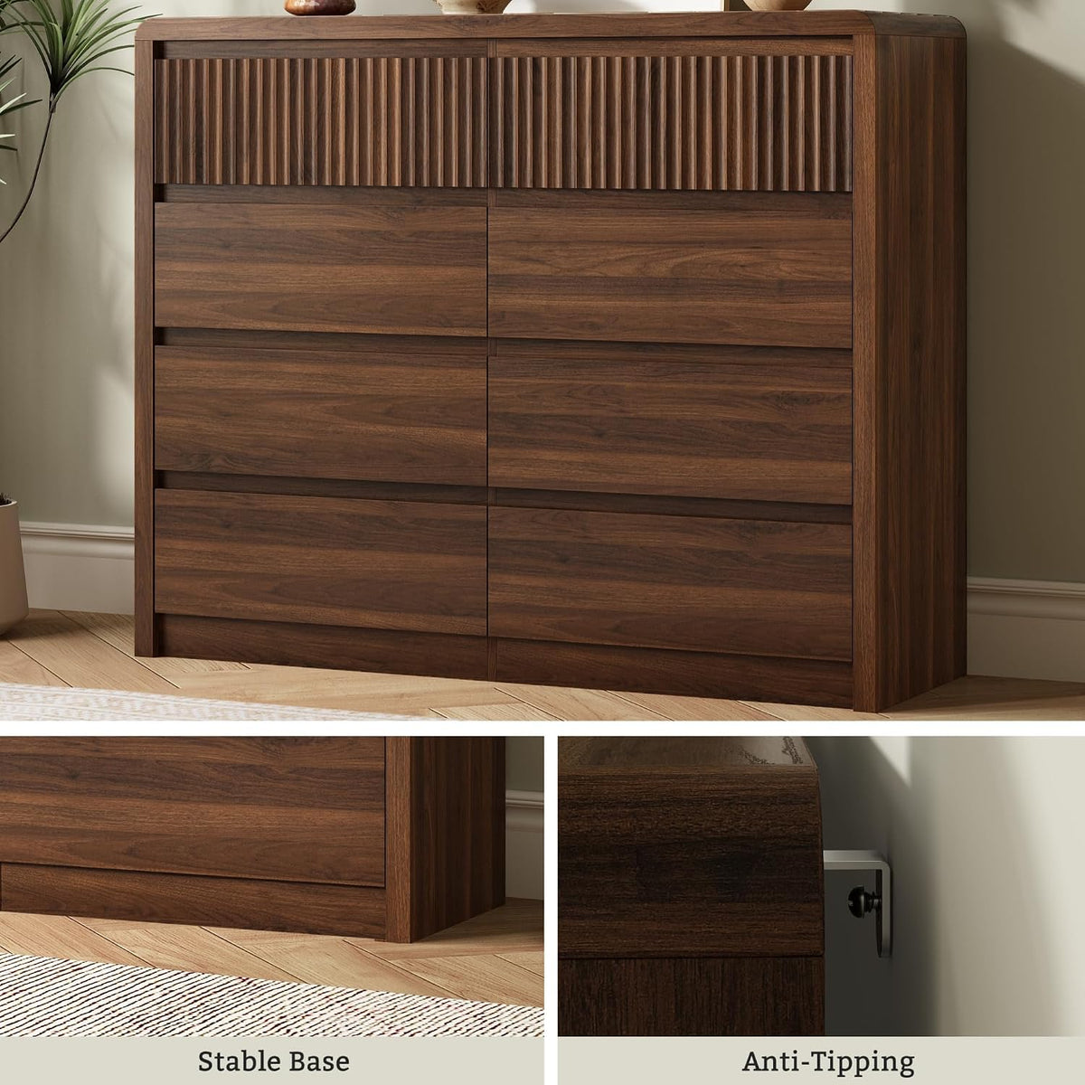 LYNSOM Walnut Fluted 8 Drawer Dresser, 50" Wide Wooden Chest of Drawers for Bedroom, Curved Profile Design, Mid Century Modern Dresser Storage Organizer Closet for Living Room, Hallway, Entryway