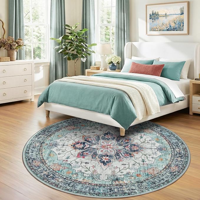 RELEANY Area Rugs Round 7ft Washable Non-Slip, Floral Vintage Distress