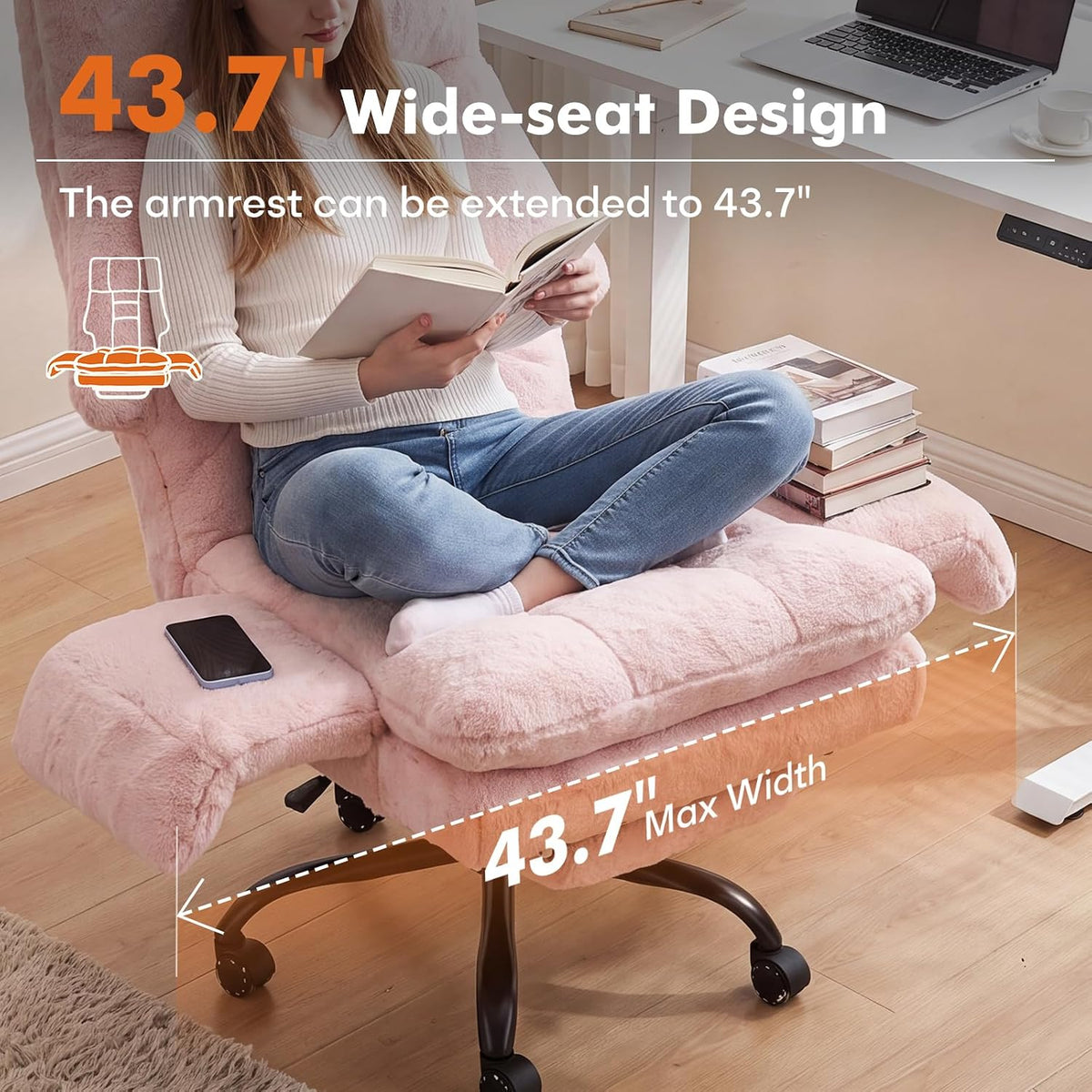 Teddy Fleece Wide Criss Cross Legged Office Chair with Flip Armrests Pink
