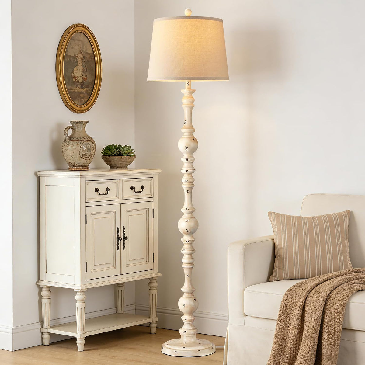 QiMH 61" Vintage Floor Lamp for Living Room, Farmhouse Lamps, Shabby White