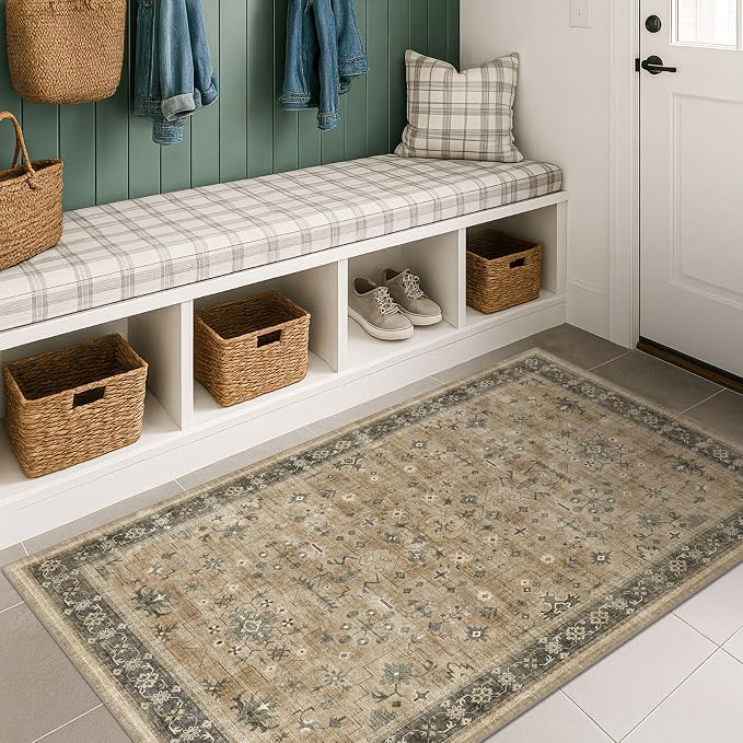 Boho Natural Earthy 3x5 Entryway Rug, Washable Mudroom Area Rug, Modern Vintage