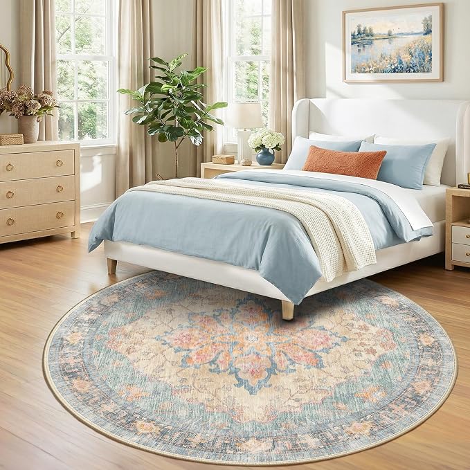 RELEANY Area Rugs Round 8ft Washable Non-Slip, Floral Vintage Distress