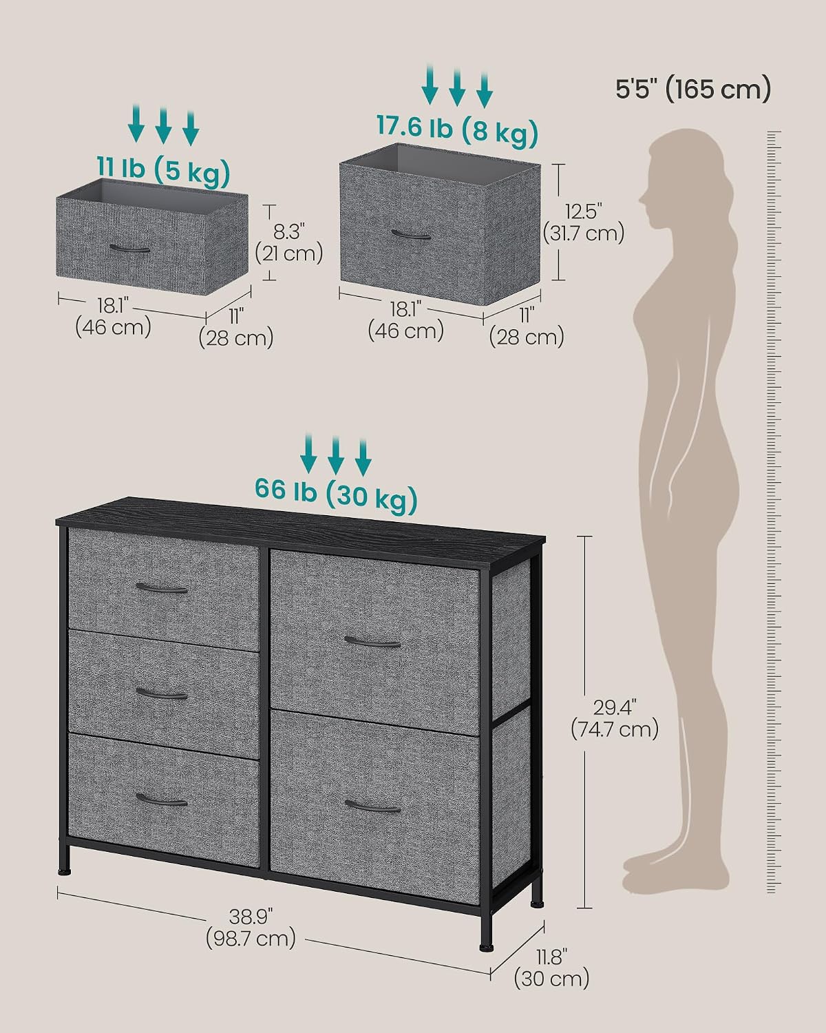 SONGMICS Dresser for Bedroom, Wide Dresser for Closet with 5 Fabric Drawers