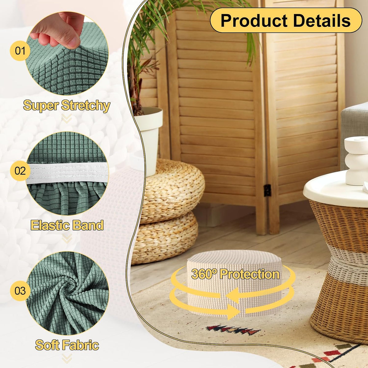 uxcell Ottomen Cover Round, Jacquard Ottomen Slipcover with Elastic Bottom Fit 76cm-104cm /29.9"-40.9" Diameter, Stretchable Footrest Stool Covers for Furniture Protector, Gray Green