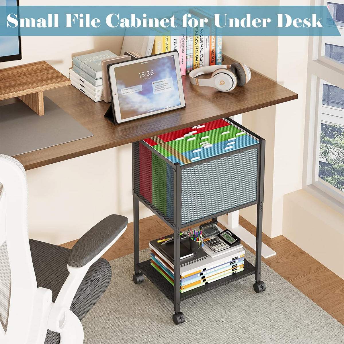 Sbanmao Letter/Legal Rolling File Cart, Narrow Mobile File Cabinet with Wheels Hanging Files, Metal Hanging File Folder Cart File Organizer Under Desk Storage for Home Office, Black